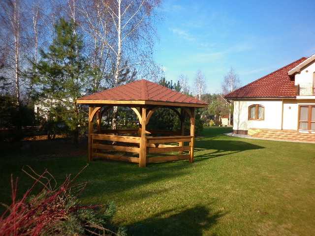 GAZEBO ESAGONALE IN LEGNO MASSICCIO COLORE NOCE MISURE MT.4,5 X 4,5