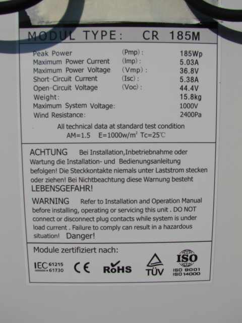 PANNELLO SOLARE FOTOVOLTAICO MONOCRISTALLINO  W.185