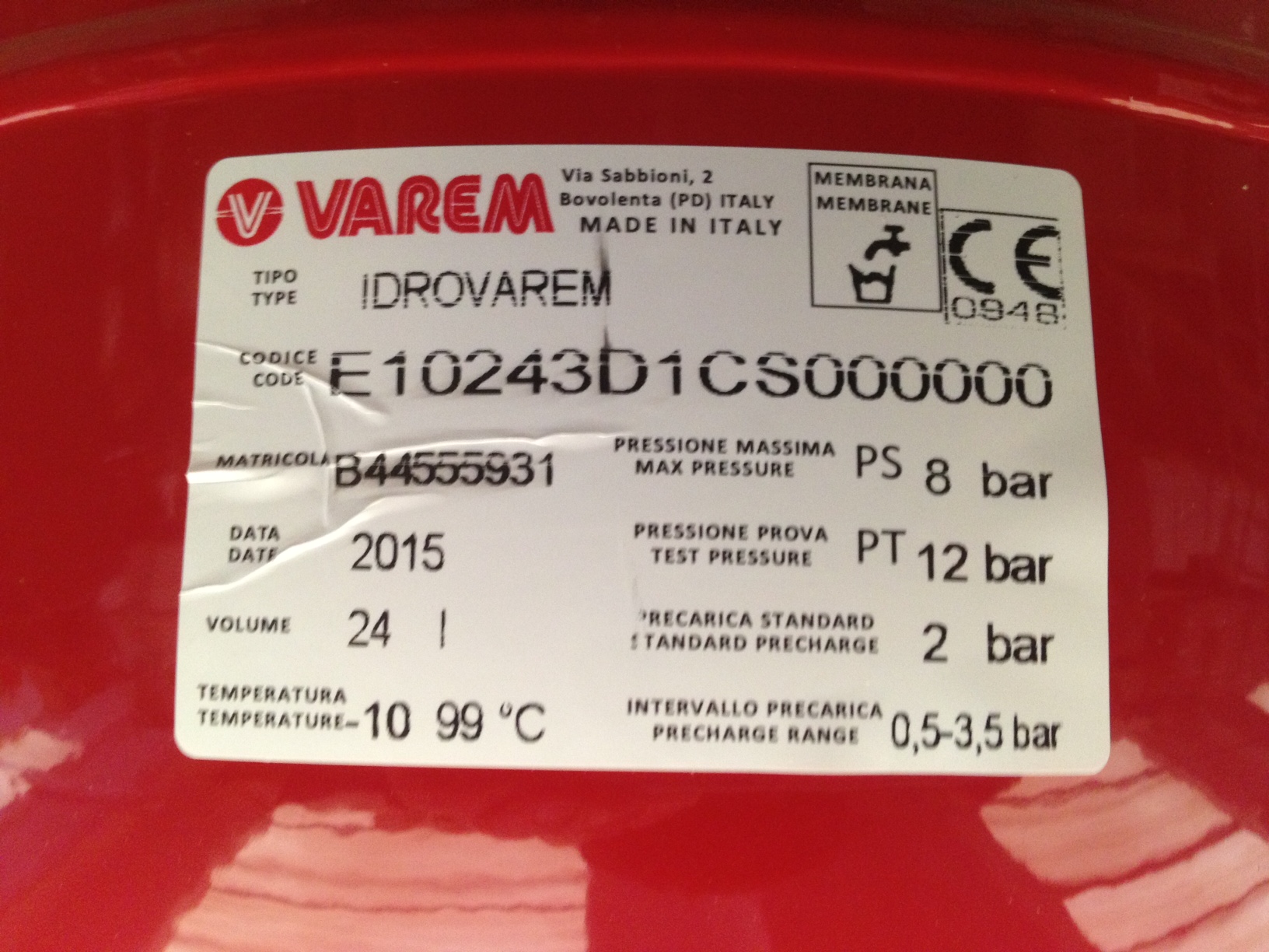 VASO DI ESPANSIONE PER AUTOCLAVI IDROVAREM LITRI 24  CONNESSIONI 1"