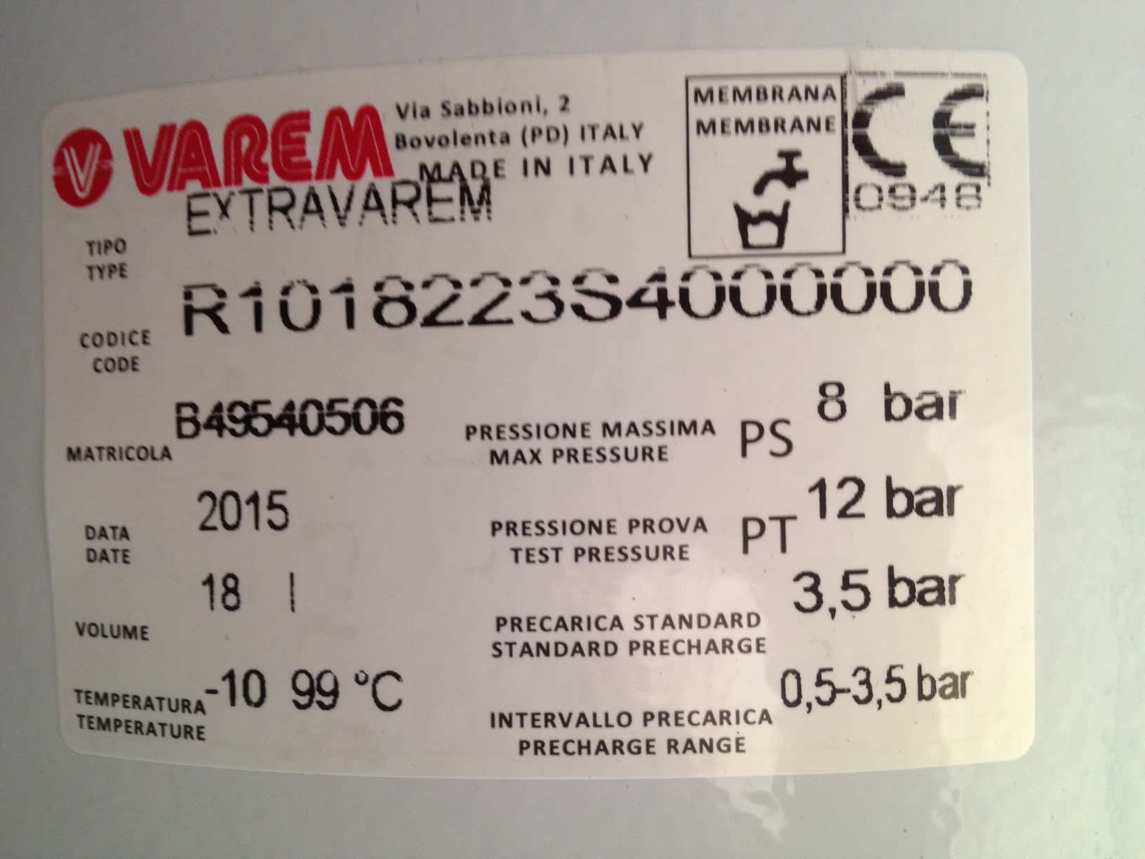 VASO DI ESPANSIONE MULTIFUNZIONE PER A.C.S. EXTRAVAREM LC CE LITRI 18 3/4"