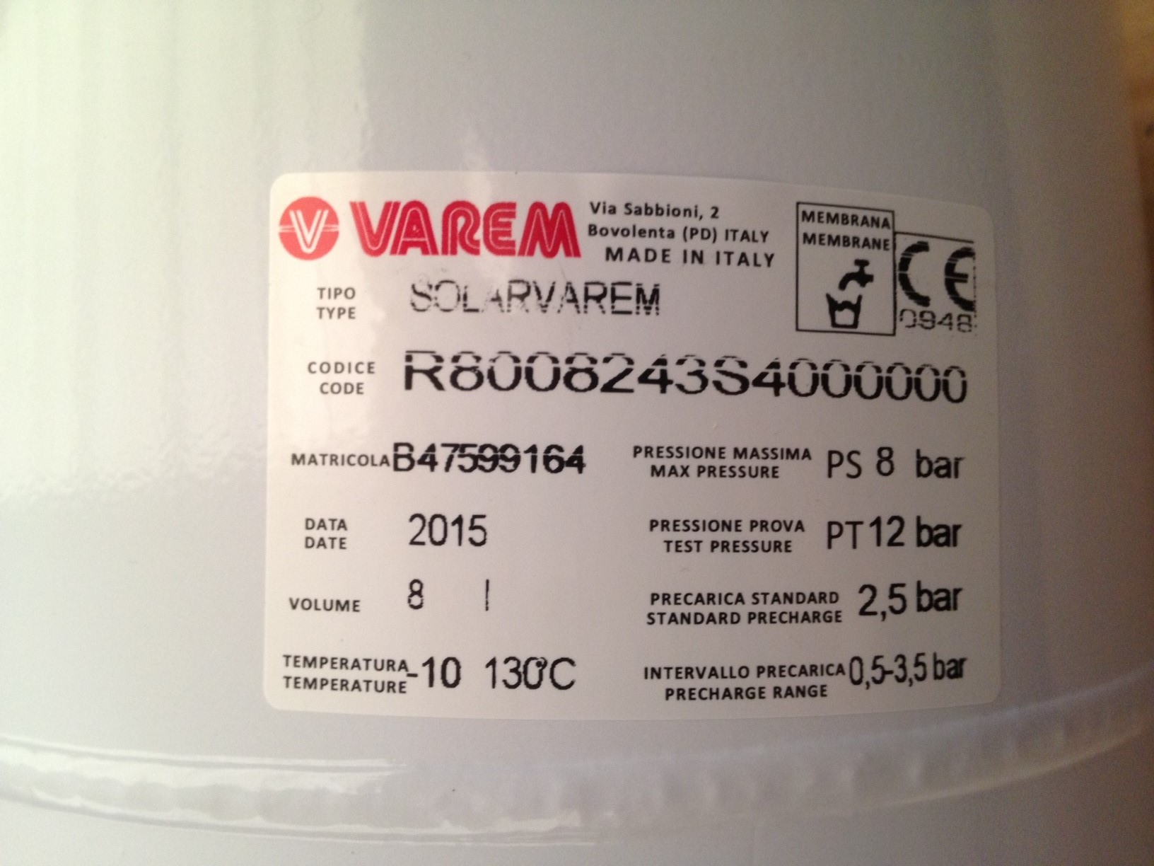 VASO DI ESPANSIONE SOLARVAREM 8 LITRI 3/4"