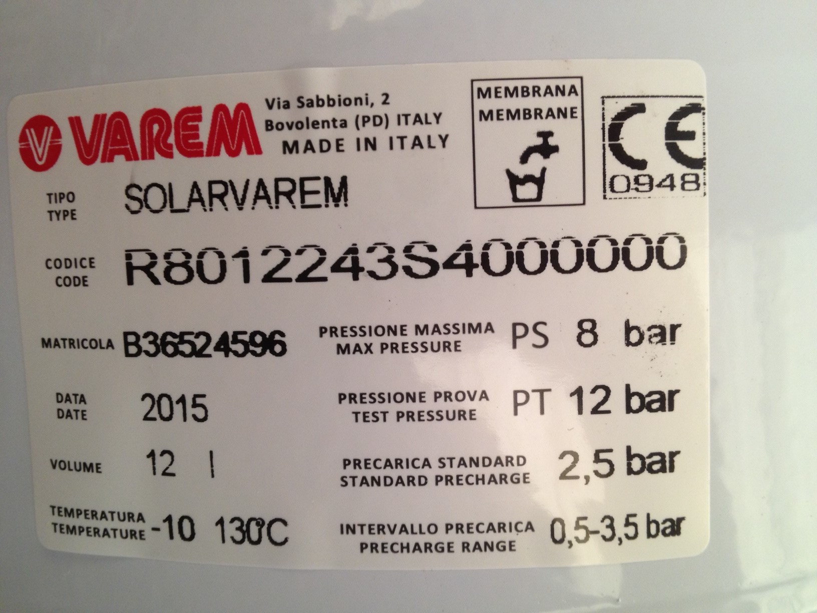 VASO DI ESPANSIONE SOLARVAREM 12 LITRI 3/4"