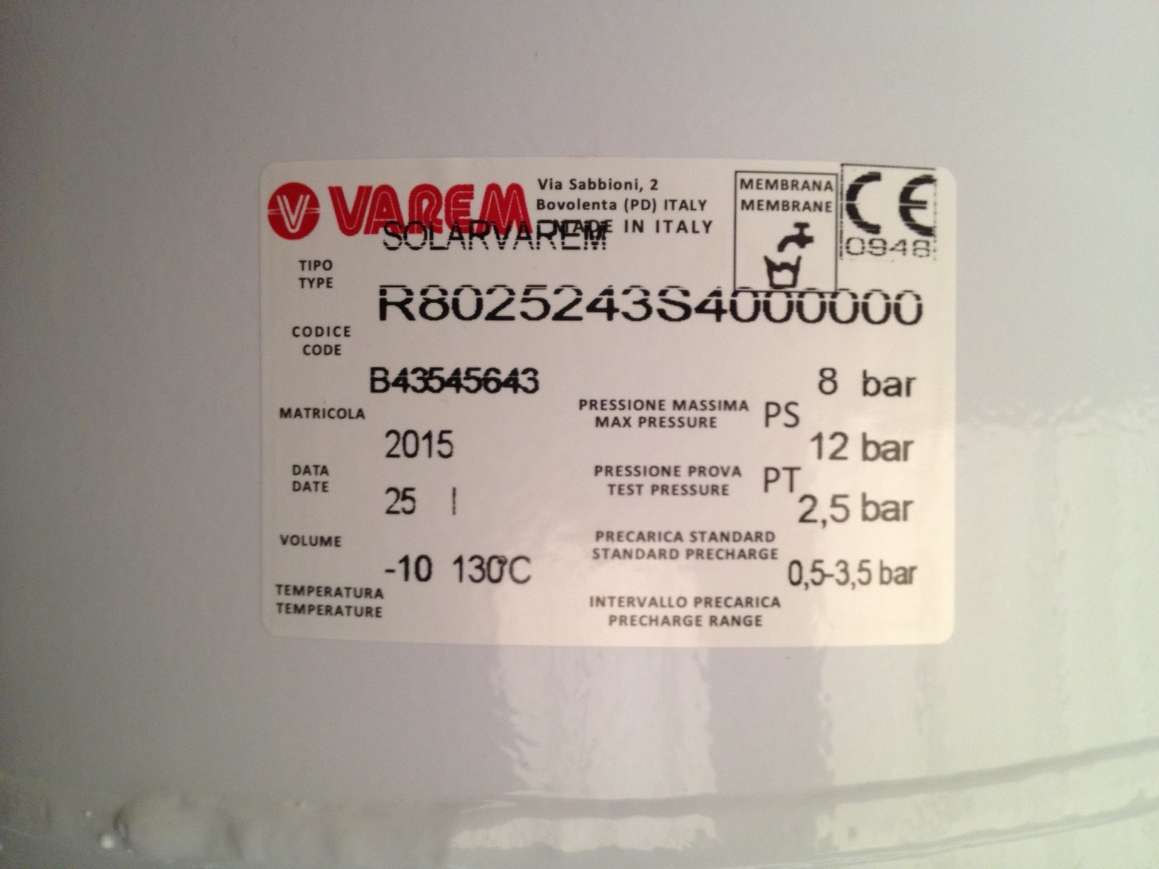 VASO DI ESPANSIONE SOLARVAREM 25 LITRI 3/4"