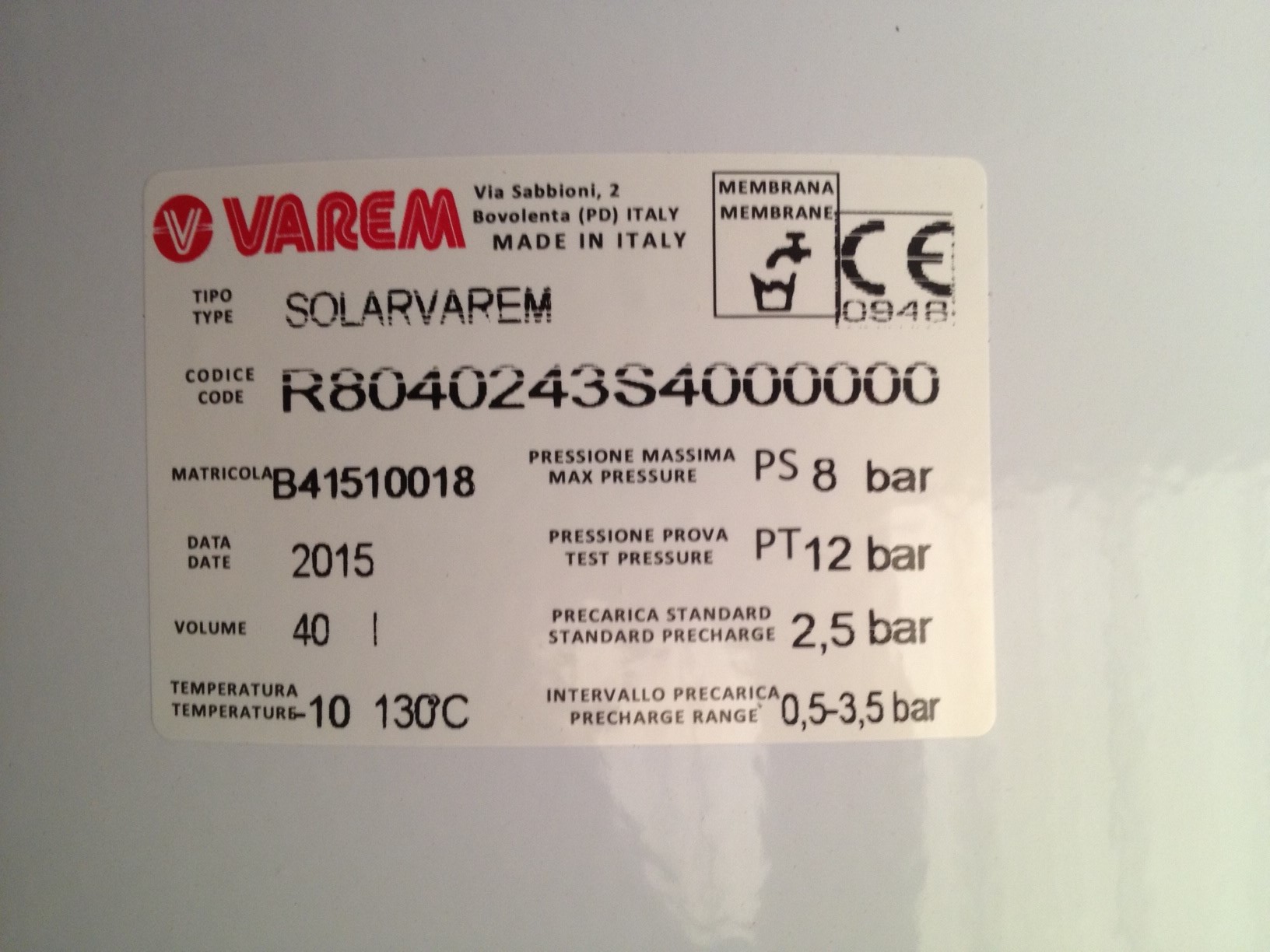 VASO DI ESPANSIONE SOLARVAREM 40 LITRI 3/4"