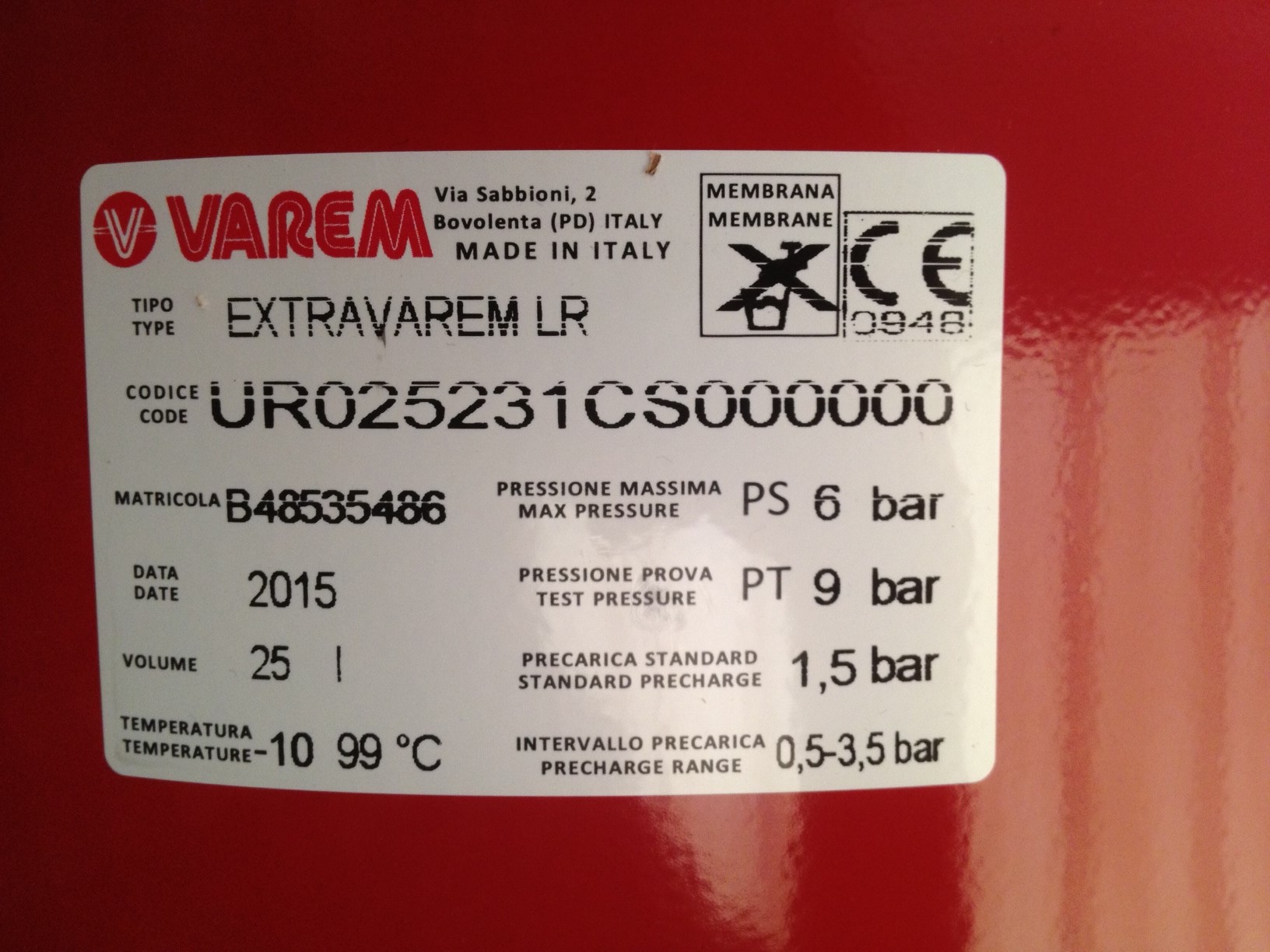 VASO DI ESPANSIONE RISCALDAMENTO EXTRAVAREM LR CE LITRI 25 3/4"
